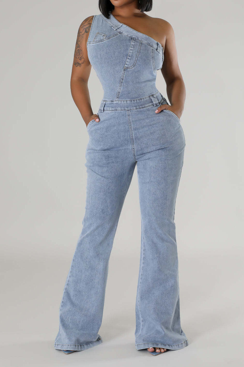 One Shoulder Denim Jumpsuit Lavish Daily