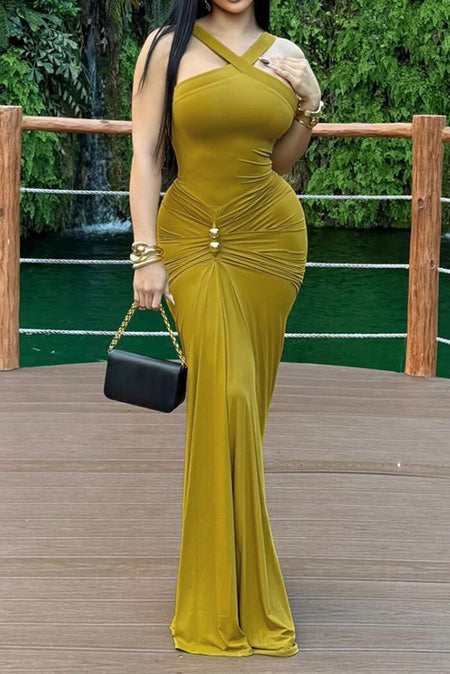 Cross Halter Pleated Waist Mermaid Dress Lavish Daily