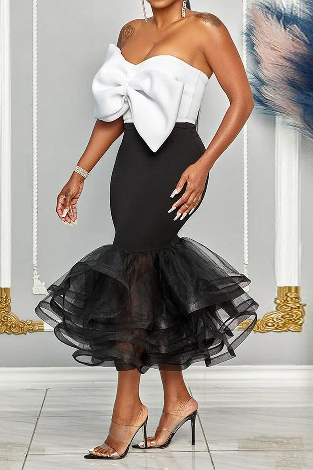 High Waisted Bottom Ruffled Tulle Midi Skirt Sets Lavish Daily
