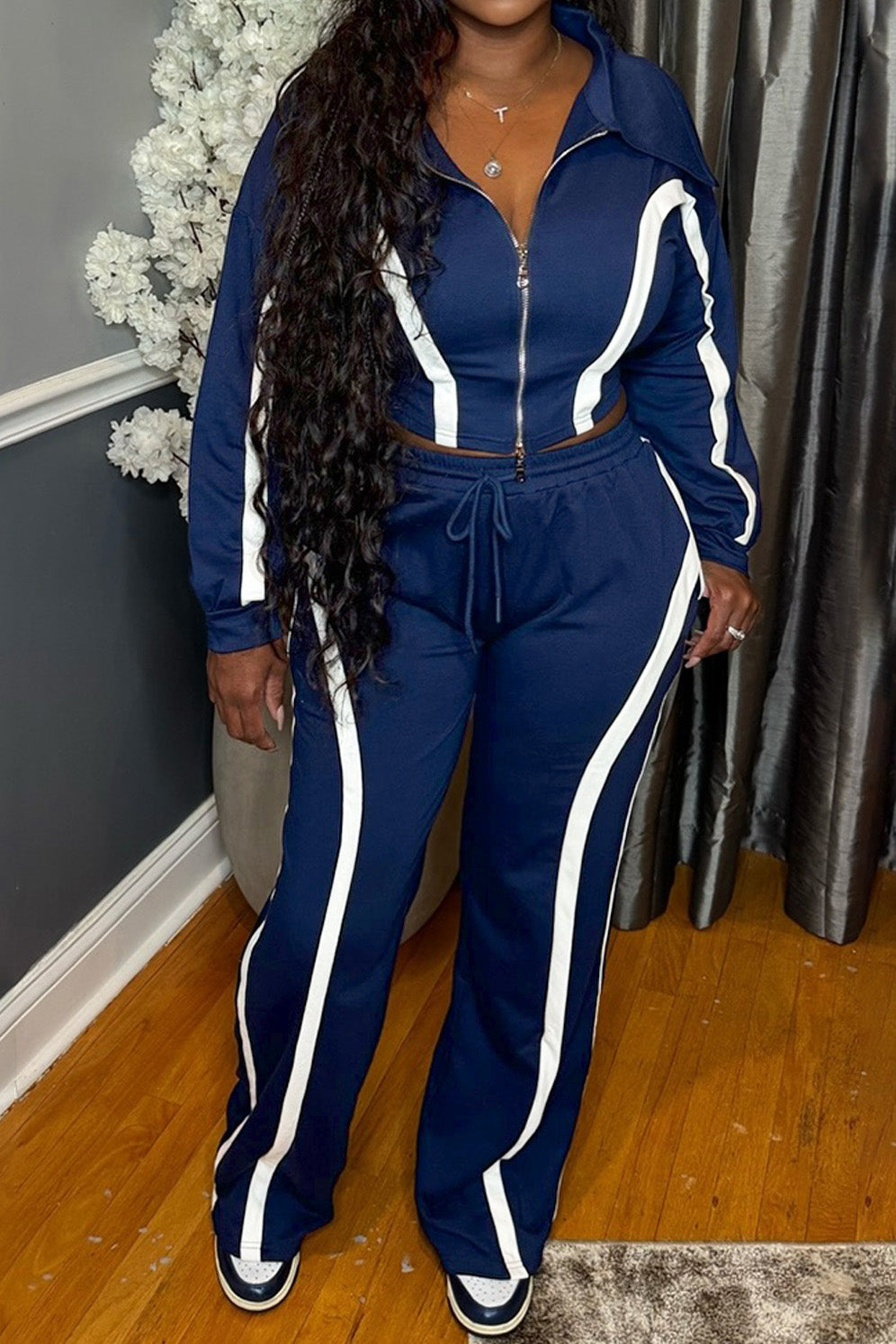 Striped Patchwork Zip-Up Top & Wide Leg Pants Set Lavish Daily