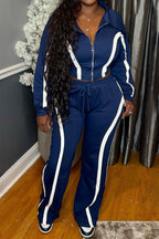 Striped Patchwork Zip-Up Top & Wide Leg Pants Set Lavish Daily