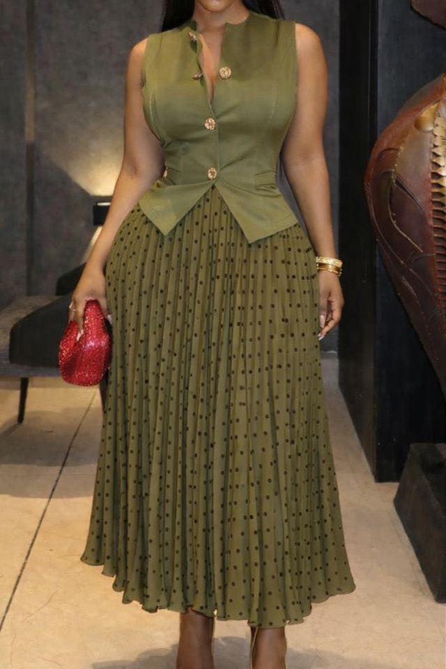 Button Vest & Polka Dot Pleated Skirt Set Lavish Daily