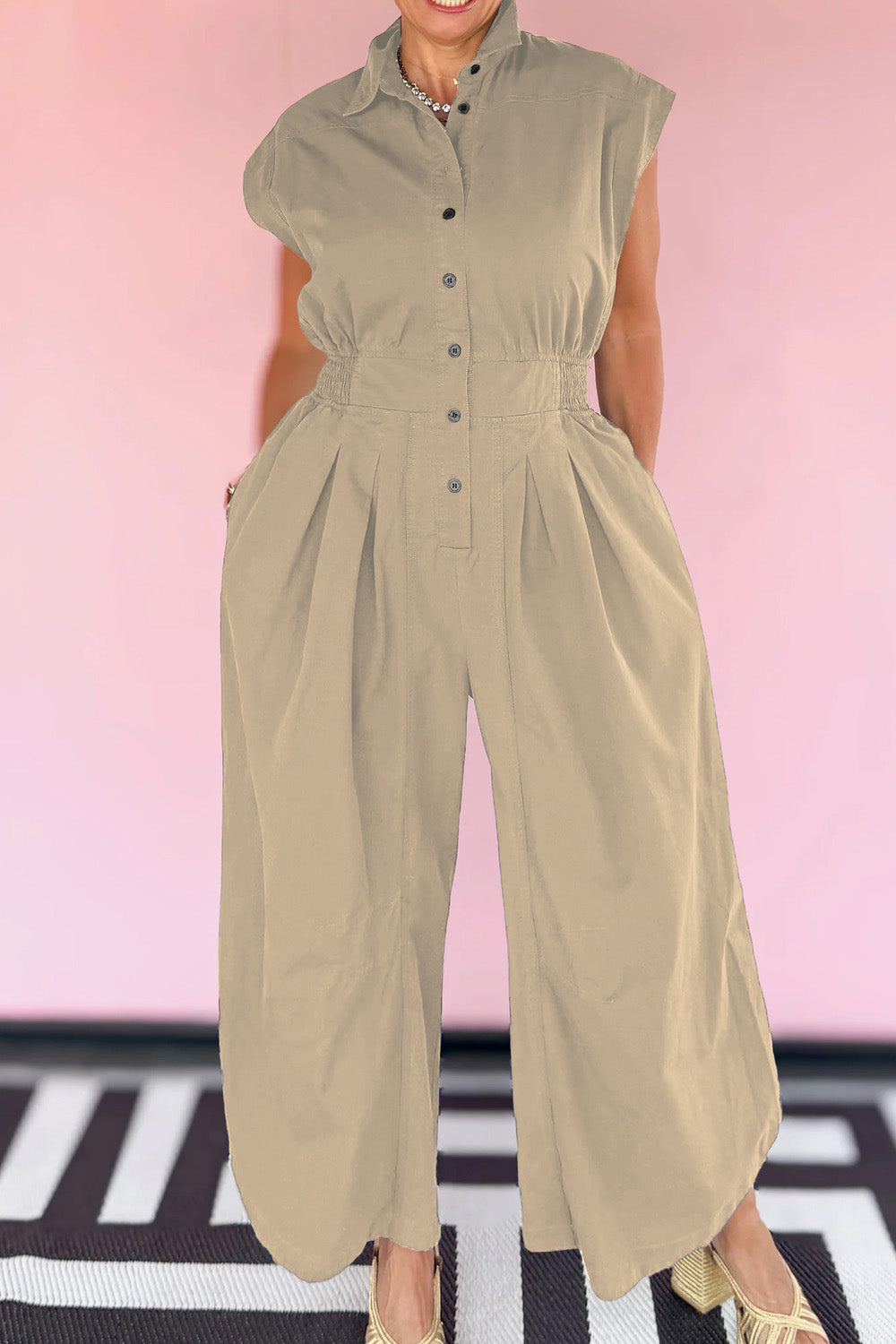 Lapel Sleeveless Buttoned Cargo Jumpsuit Lavish Daily