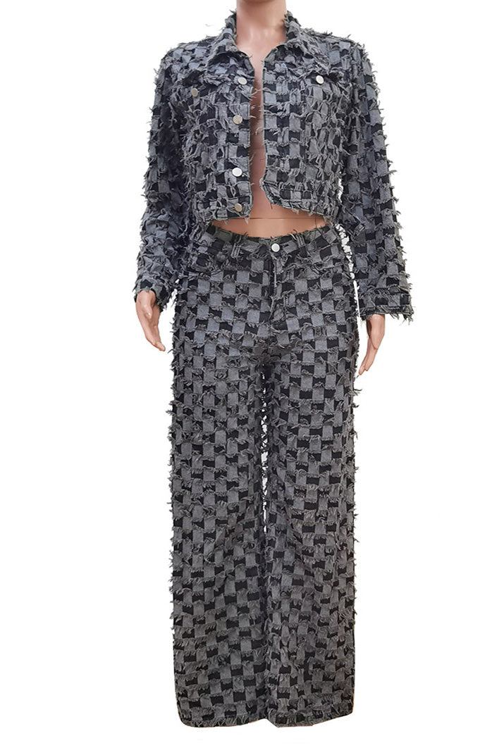 Checkered Denim Jacket & Pants Set Lavish Daily