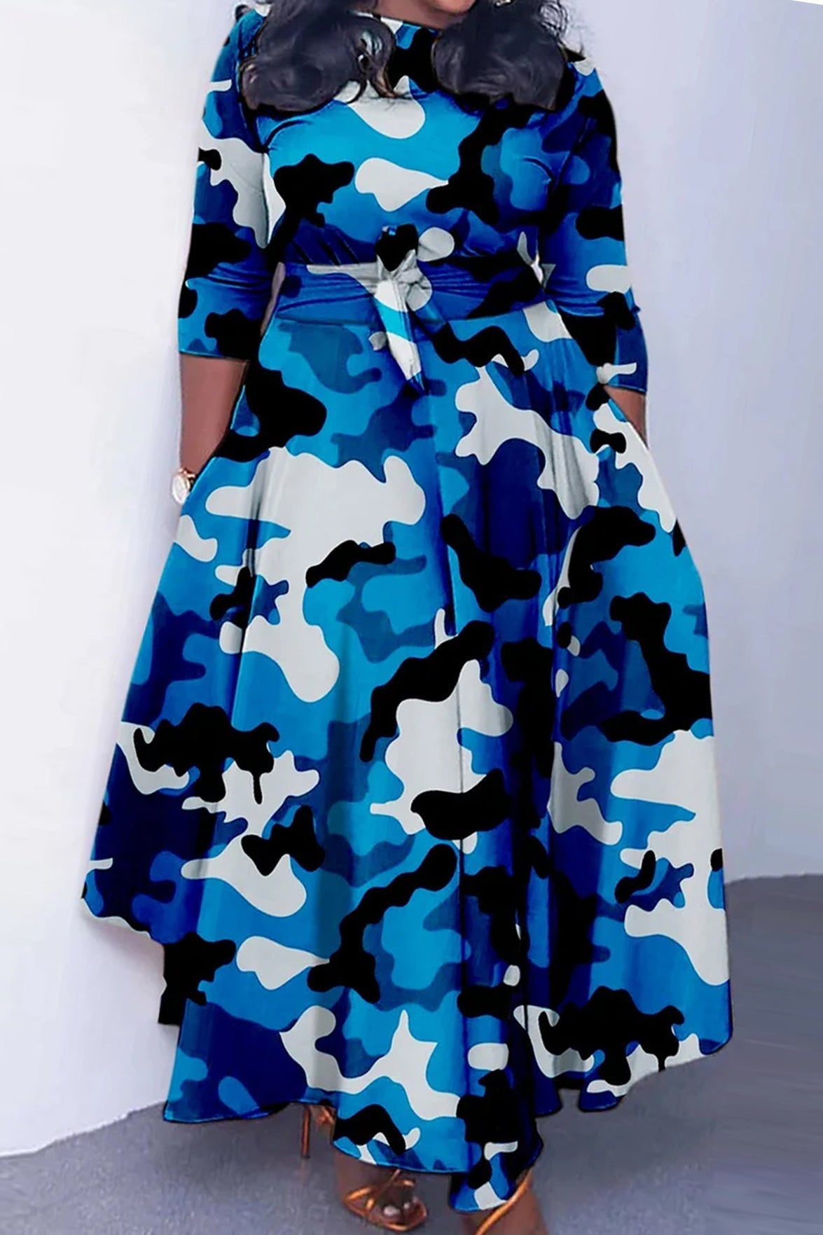 Print Crew Neck Half Sleeve Belted Dress Lavish Daily