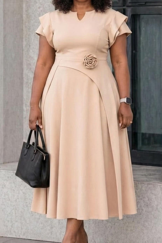 3D Floral Notched Neck A-Line Midi Dress Lavish Daily