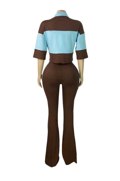 Collared Top & Flare Pants Two-Piece Set Lavish Daily