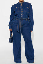 Long-Sleeve Wide-Leg Denim Jumpsuit Lavish Daily