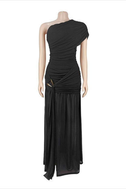 One Shoulder Ruched High Slit Maxi Dress Lavish Daily