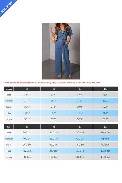 Elastic Waist Denim Jumpsuit Short Sleeve Wide Leg Lavish Daily