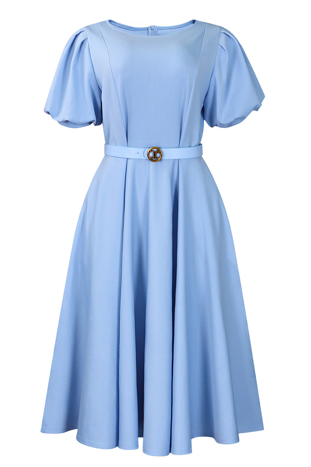 Puff Sleeve High Waist Solid Round Neck Dress Lavish Daily