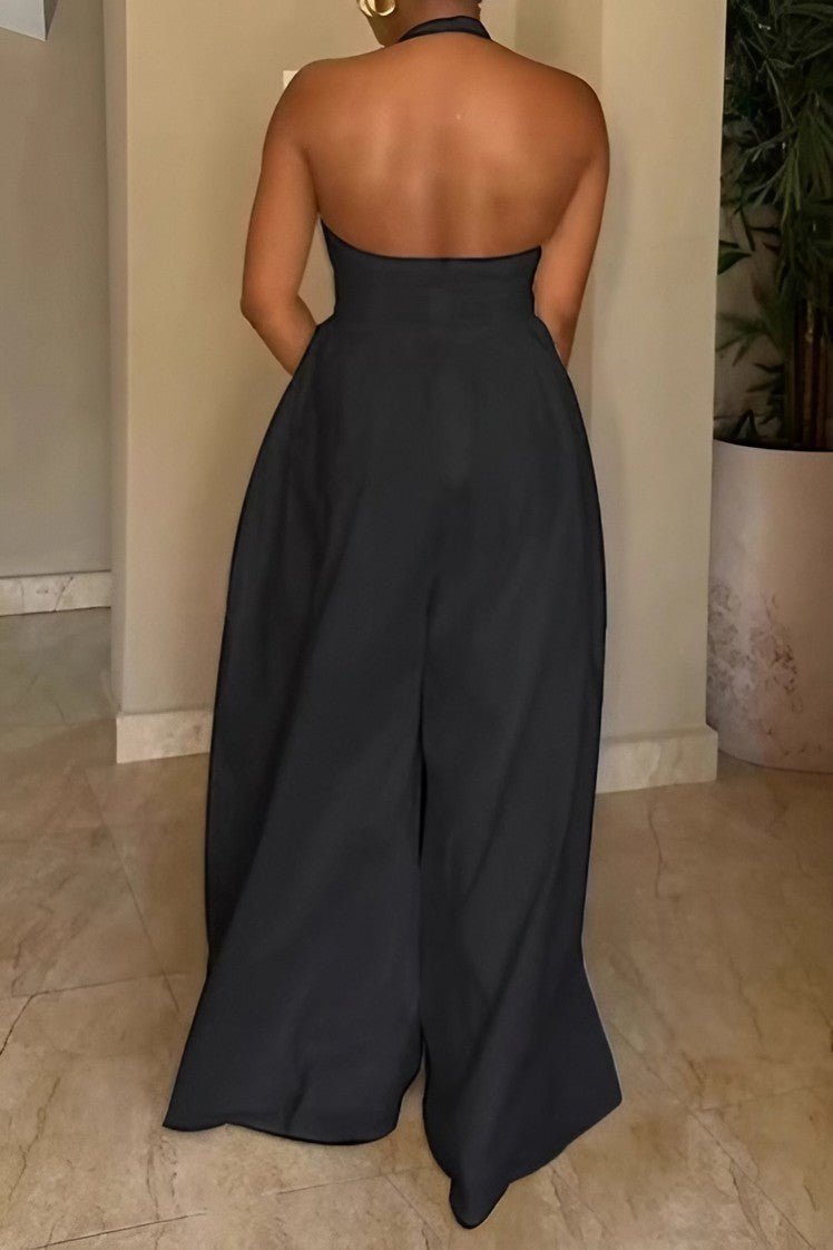 Halter V-Neck Backless Slim Wide Leg Jumpsuit Lavish Daily