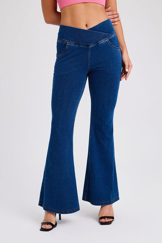 Crossover Waist Stretch Flare Jeans LavishDaily