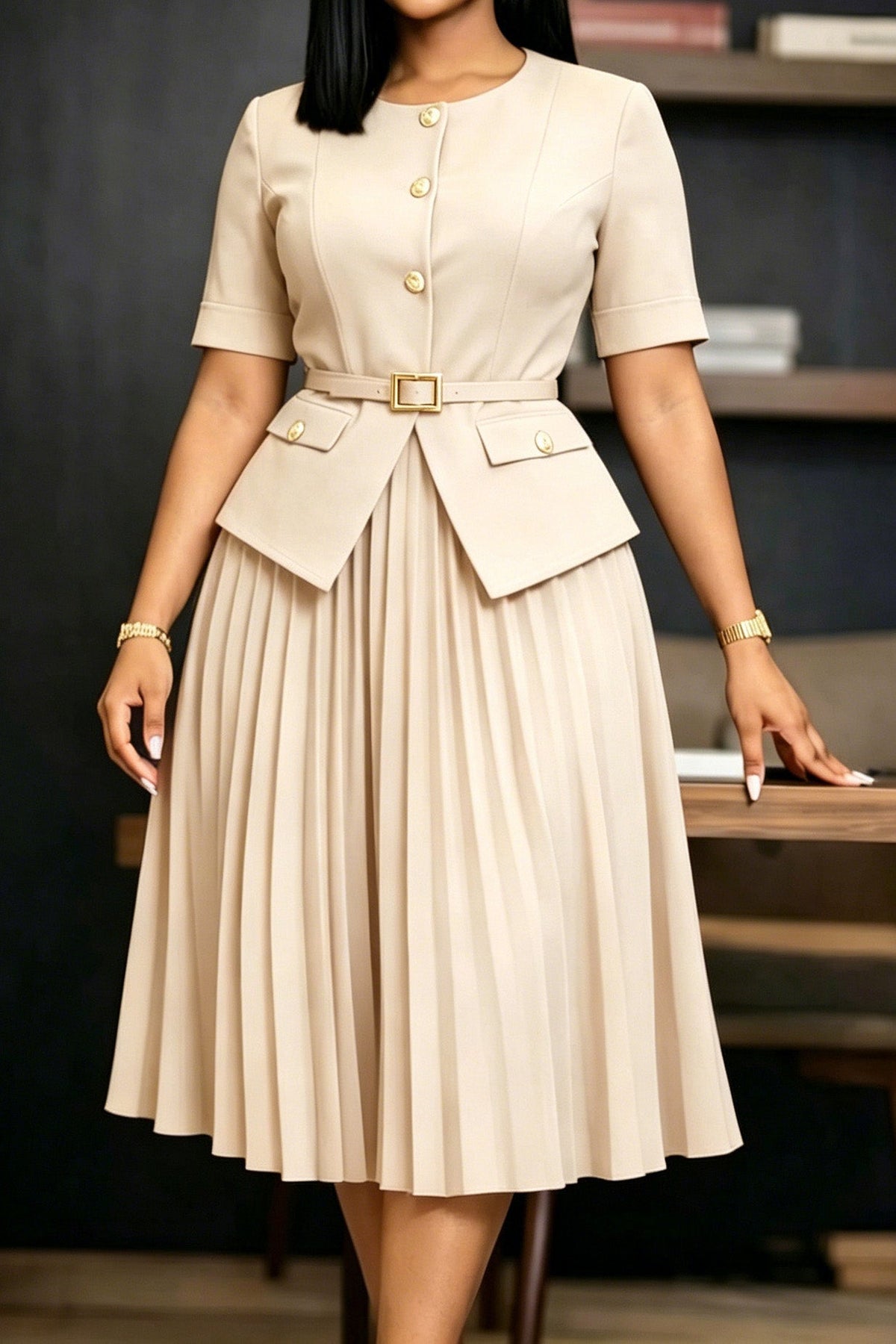 Mock 2-Piece Peplum Pleated Midi Dress Lavish Daily