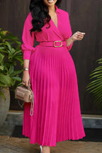 Solid Color Cinched Waist Pleated Long Dress Lavish Daily