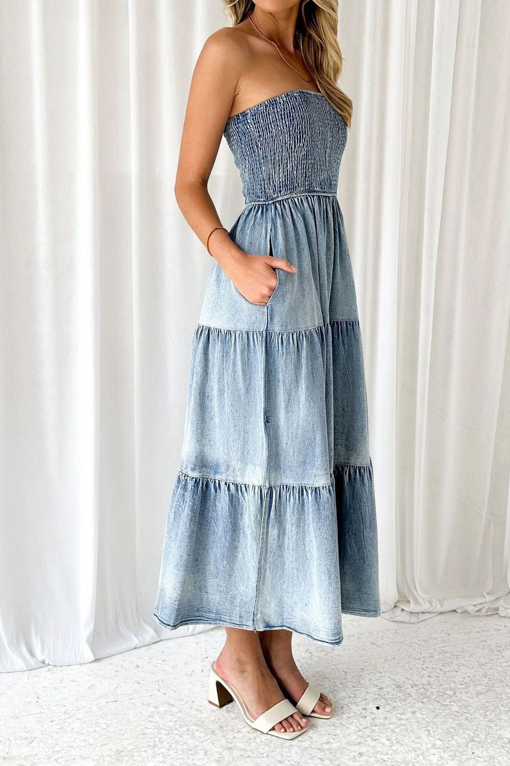 Strapless Side Slit Layered Denim Dress Lavish Daily
