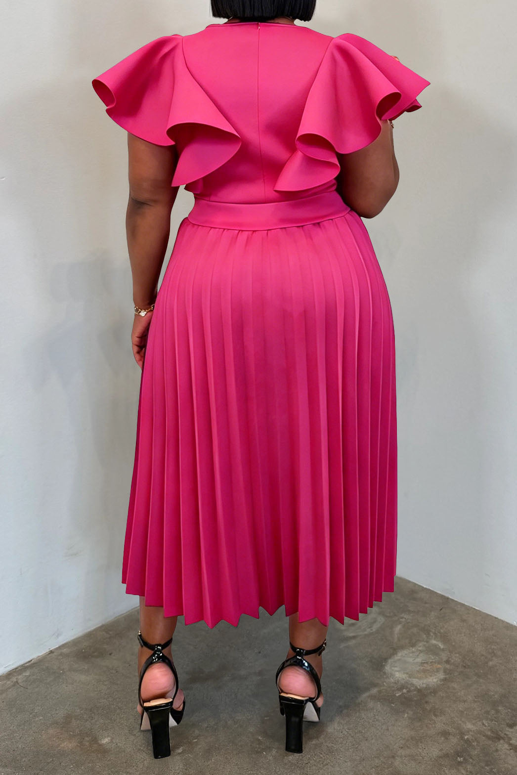 Plus Size Ruffle Sleeve Pleated Dress Lavish Daily