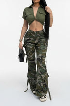 Camouflage Multi-Pocket Button Cargo Pants Lavish Daily