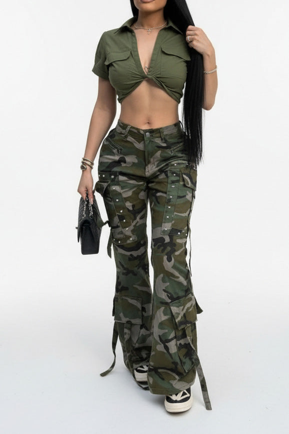 Camouflage Multi-Pocket Button Cargo Pants Lavish Daily