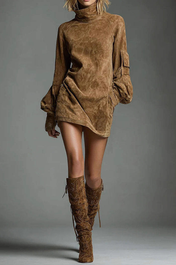 High Neck Long Sleeve Pocket Mini Dress Lavish Daily
