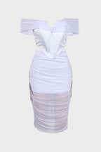 Off Shoulder Mesh Ruched Midi Dresses Sets Lavish Daily