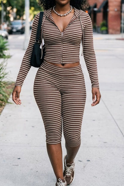 Striped Zip Hoodie & Foldover Capri Pants Set Lavish Daily