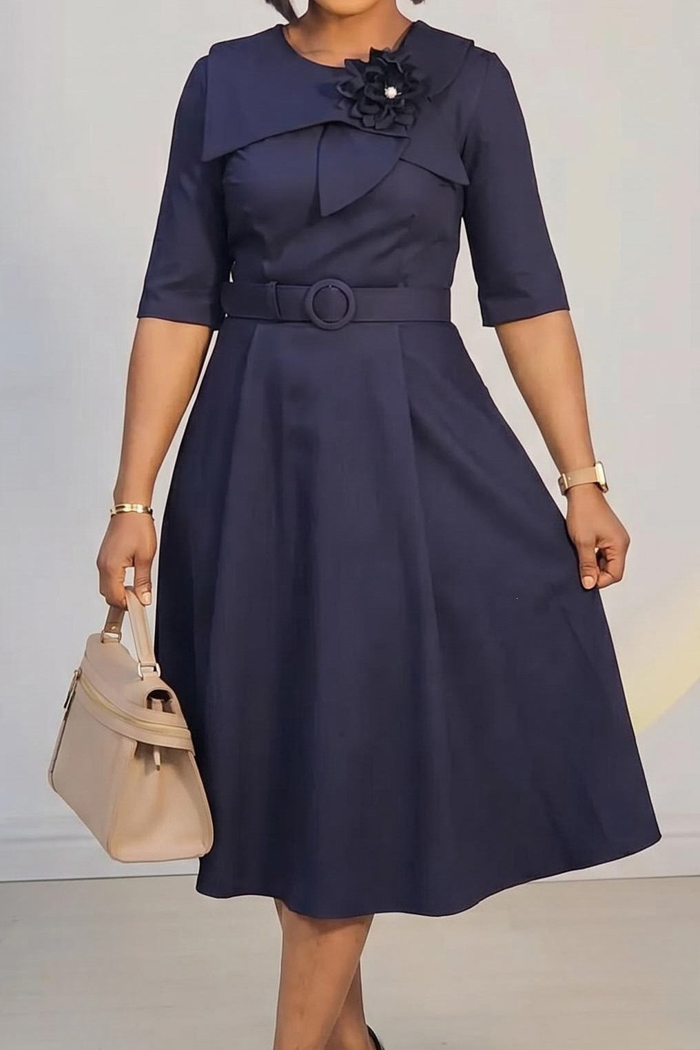 Asymmetrical Floral Collar Belted A-Line Dress Lavish Daily