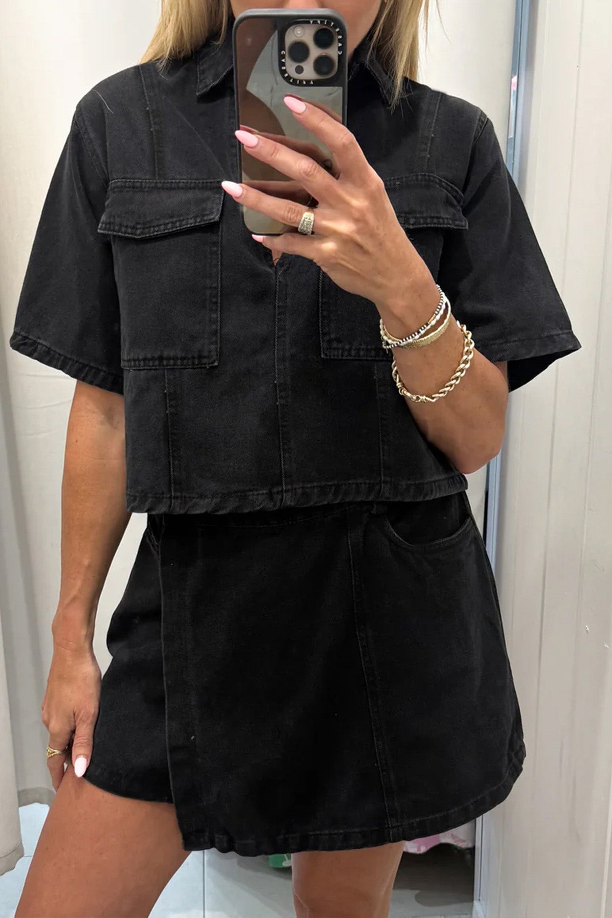 Denim V-Neck Top & High Waist Skirt Set Lavish Daily