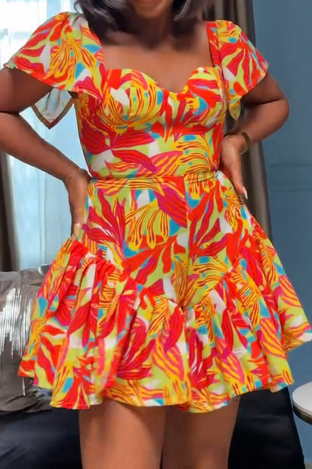 Printed Waist-Cinching Pleated Romper Lavish Daily