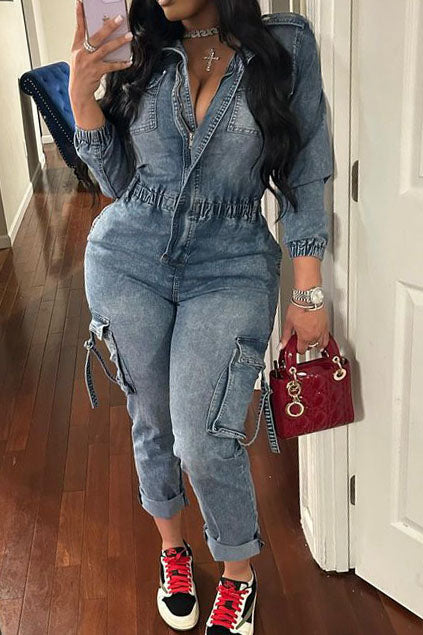 Denim Cargo V Neck Long Sleeve Tunic Jumpsuits Lavish Daily