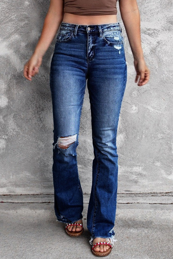 High Waist Distressed Raw Hem Flare Jeans Lavish Daily