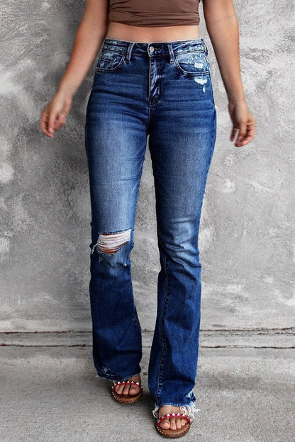 High Waist Distressed Raw Hem Flare Jeans Lavish Daily