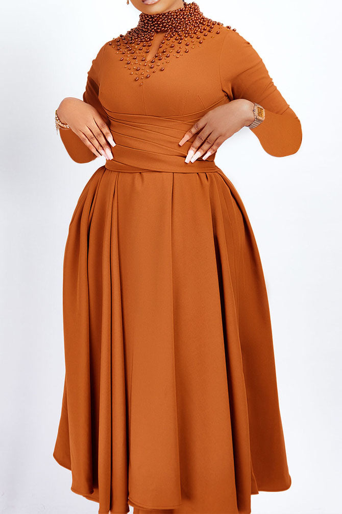 High Collar Elegant Beaded Large Swing Dress Lavish Daily