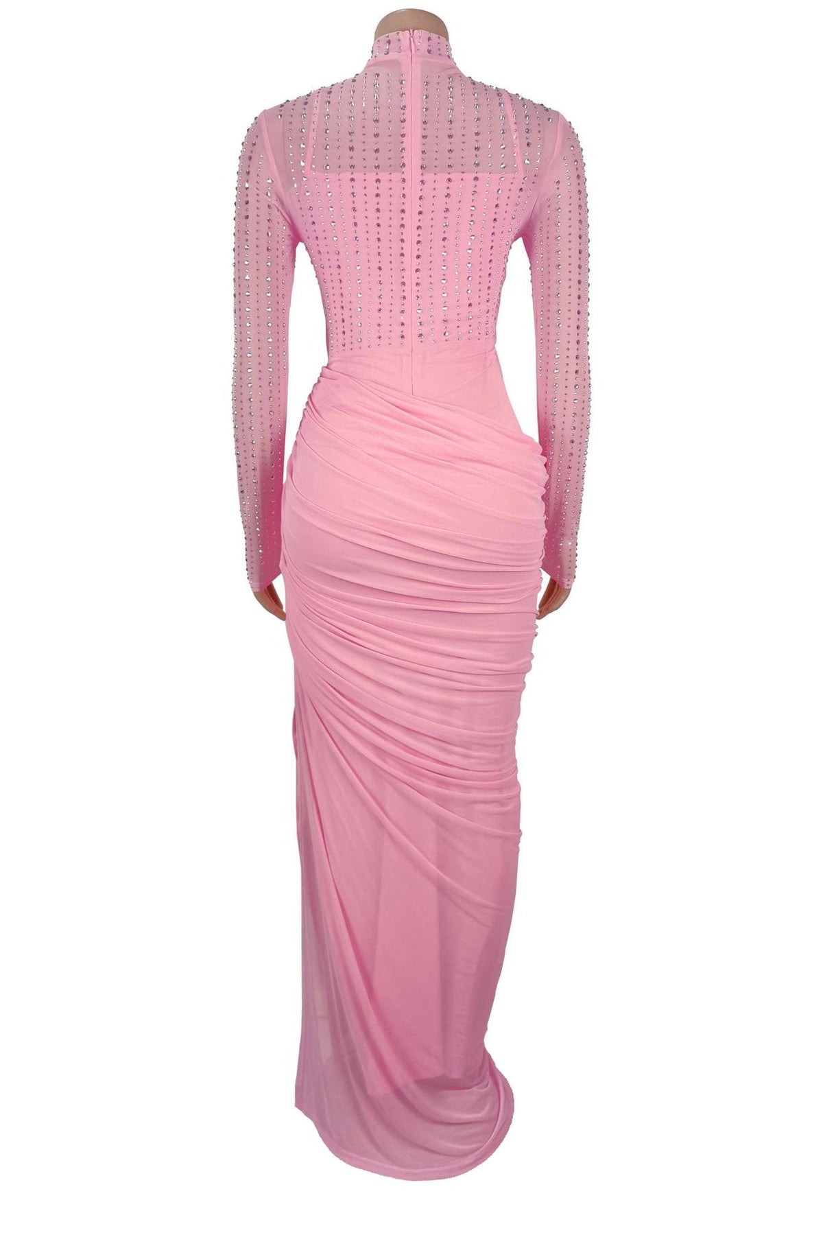 Beaded High-Neck Ruched Mesh Maxi Dress Lavish Daily