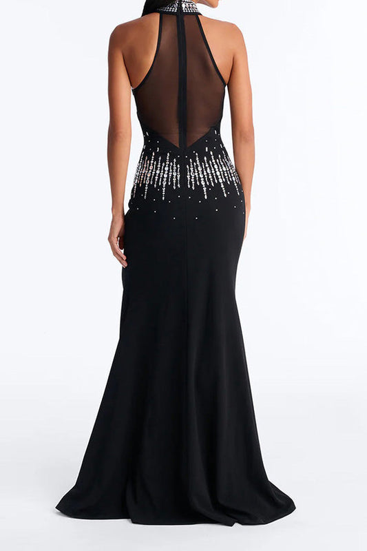 Rhinestone Sheer Halter Slit Maxi Gown Lavish Daily