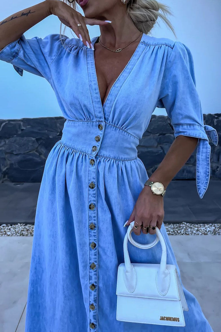 Single-Breasted V-Neck Denim Dress Lavish Daily