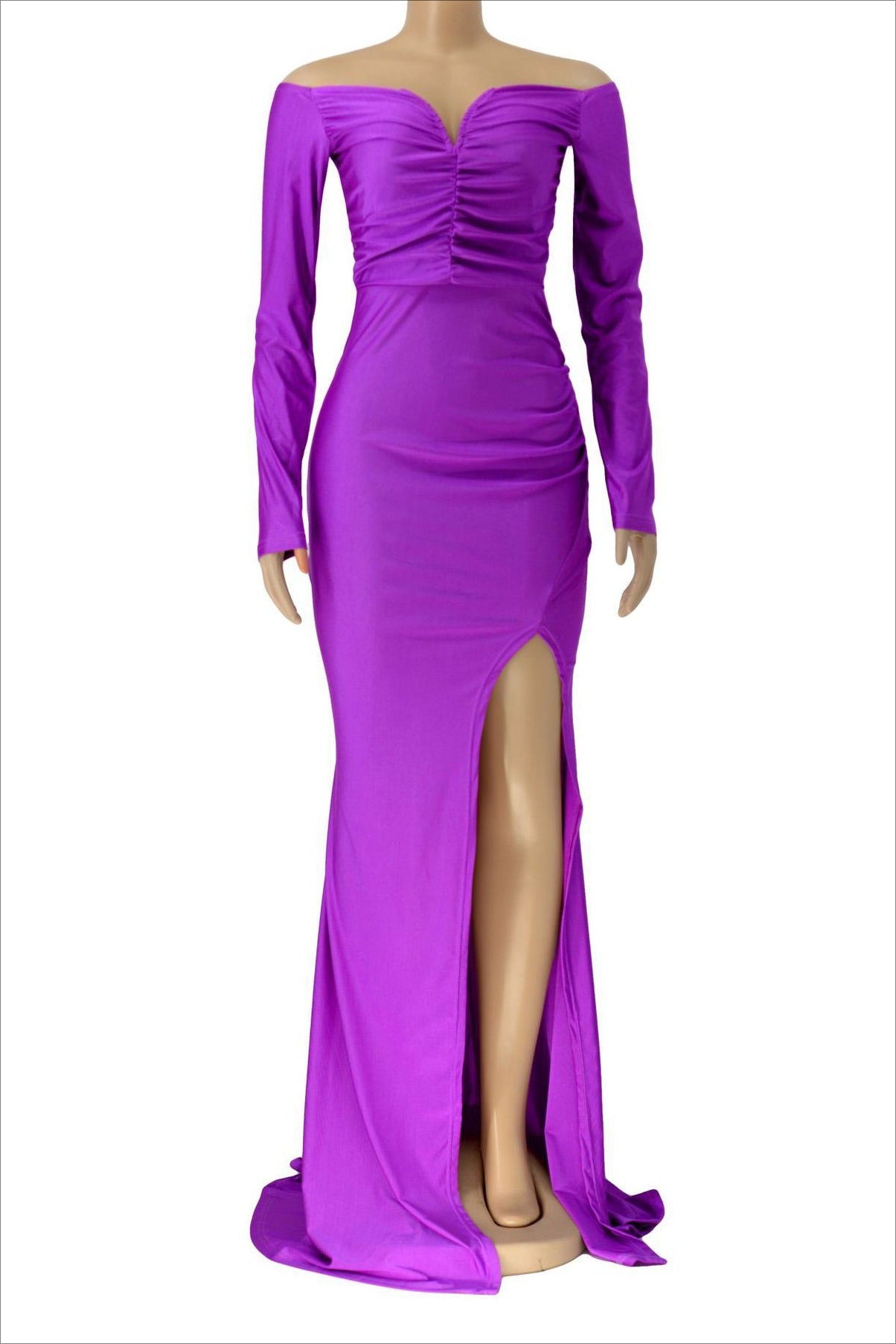 Off-Shoulder Long Sleeve Slit Maxi Dress Lavish Daily