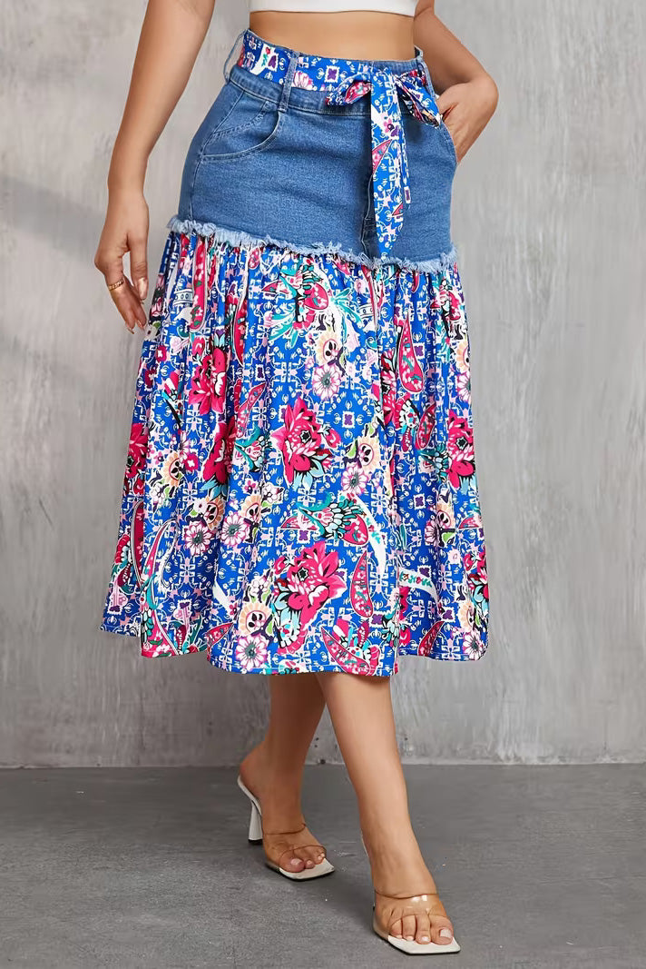 Frayed Denim Patchwork Boho Midi Skirt Lavish Daily