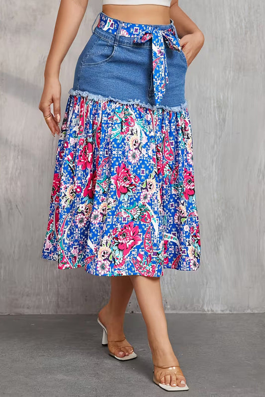 Frayed Denim Patchwork Boho Midi Skirt Lavish Daily