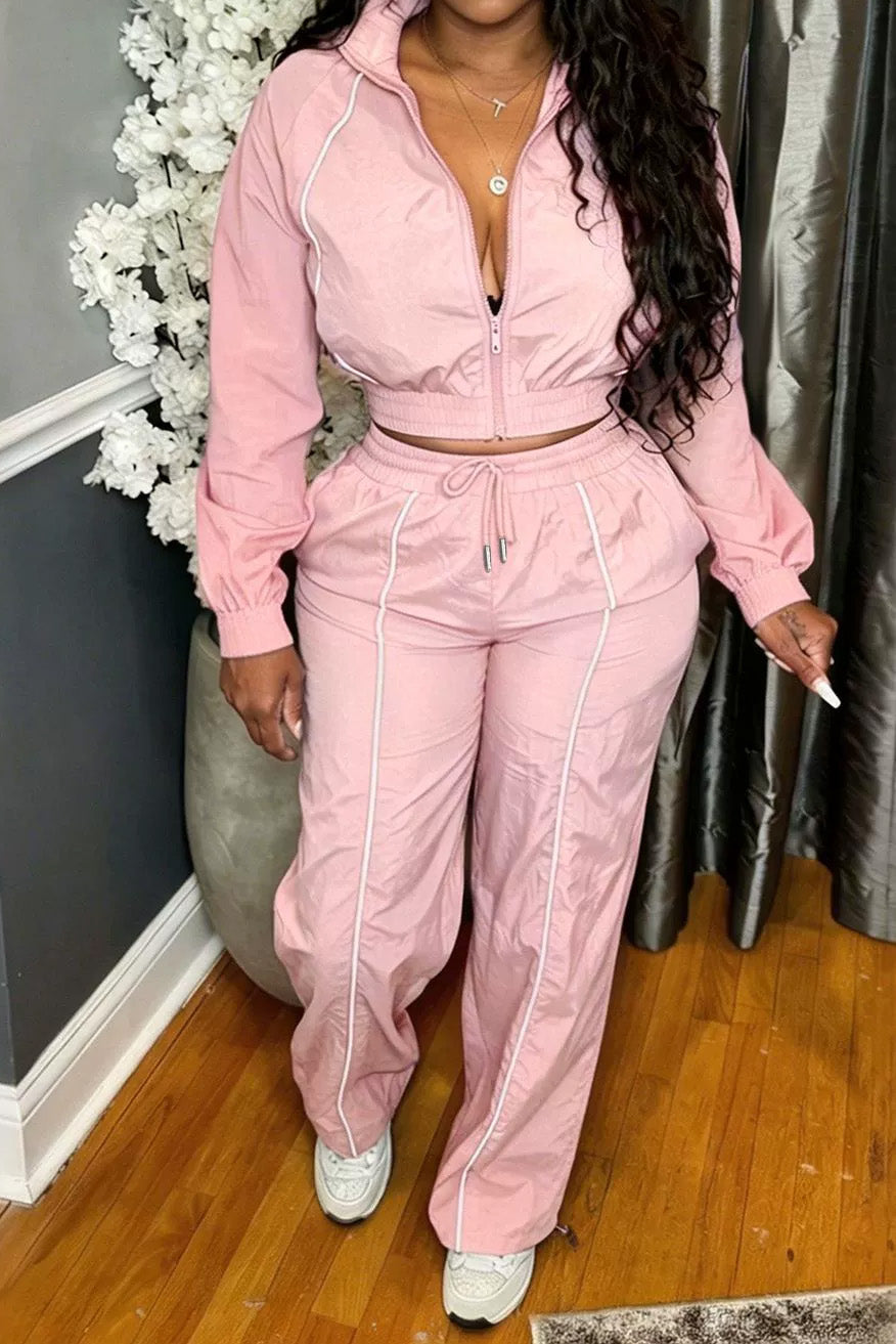 Zip-Front Piped Top & Wide-Leg Pants Set Lavish Daily