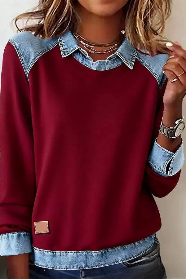Denim Collar Long Sleeve Knit Pullover Top LavishDaily