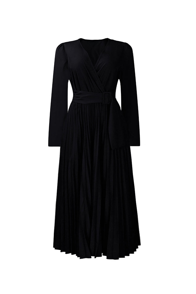 V Neck Long Sleeve Pleated Midi Dress Lavish Daily