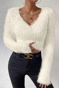 V Neck Slim Plush Short Sweater LavishDaily