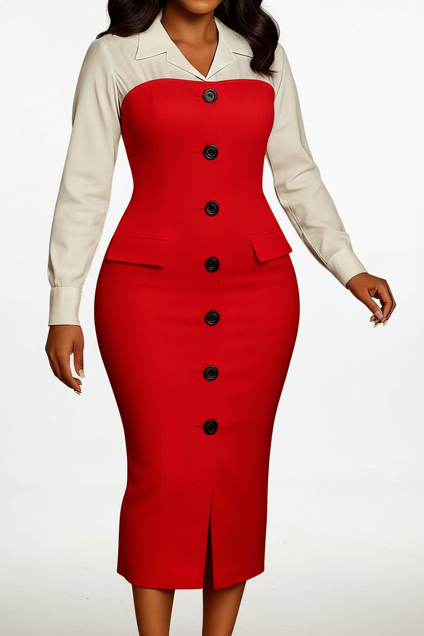Long Sleeve Blazer Collar Pencil Skirt Dress Lavish Daily