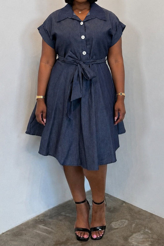 Plus Size Denim Button-Front Tie-Waist Shirt Dress Lavish Daily