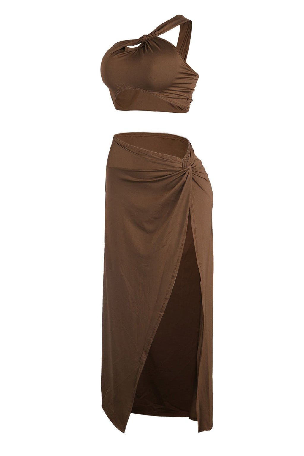 Solid One Shoulder Crop Top and Slit Skirt Set Lavish Daily