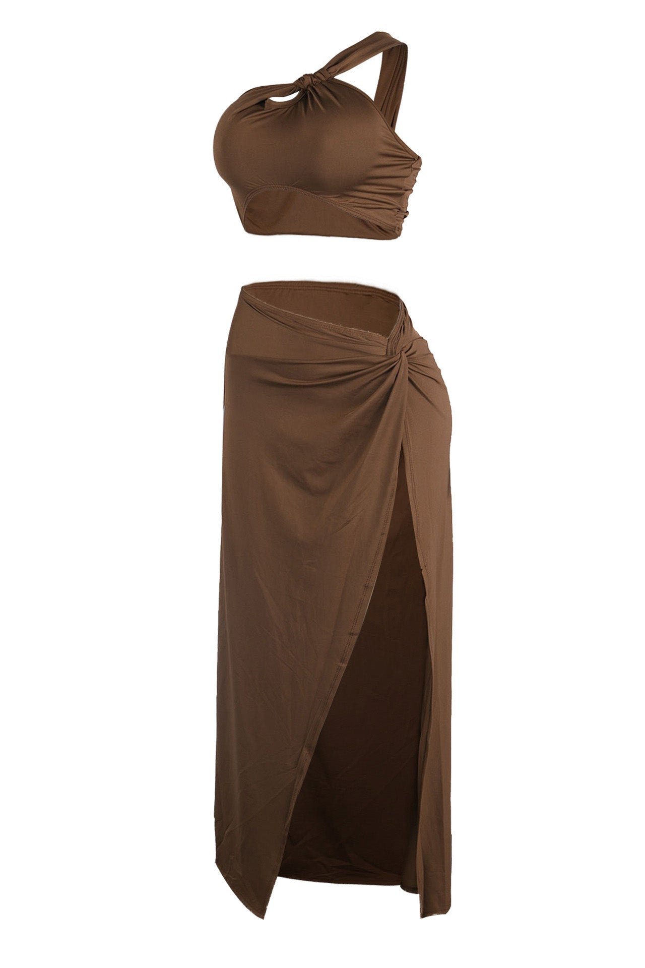 Solid One Shoulder Crop Top and Slit Skirt Set Lavish Daily