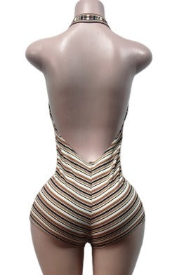 Striped Ribbed Plunge Halter Romper LavishDaily