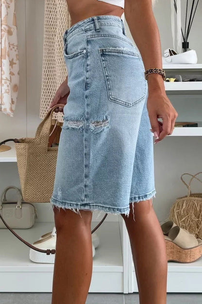 High-Waisted Raw Hem Denim Bermuda Shorts Lavish Daily