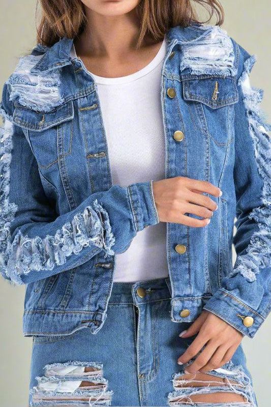 Ripped and Frayed Denim Jacket Lavish Daily